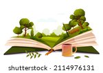Open book, summer nature, bench, park inside. Imagination, fantasy, magic in literature concept. Season fairy tale, storybook, textbook. Forest landscape picture. Leaf, cup of tea. Vector illustration