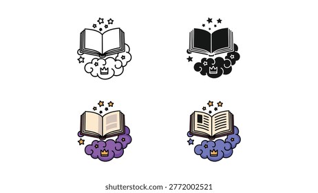 An open book surrounded by clouds and stars, representing imagination, education, and wonder, in multiple visual styles.