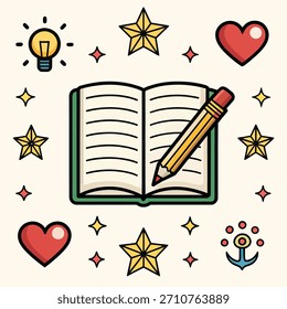 Open book surrounded by stars hearts and a pencil creating a whimsical and creative illustration