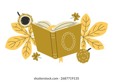 Open book surrounded by yellow autumn leaves and chestnut fruits for seasonal illustration