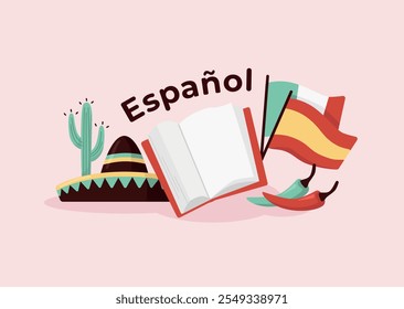 Open book surrounded with Spanish and Mexican symbols and flags. Foreign language study concept. Text "Español" in Spanish language means "Spanish". Vector illustration in flat style.