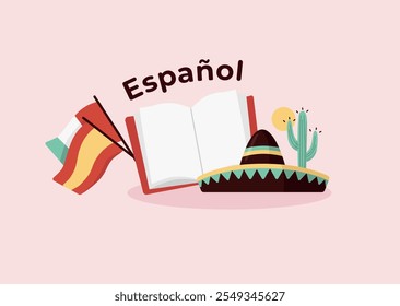 Livro aberto cercado de símbolos e bandeiras espanholas e mexicanas. Conceito de estudo de língua estrangeira. O texto "Español" em espanhol significa "espanhol". Ilustração vetorial em estilo plano.