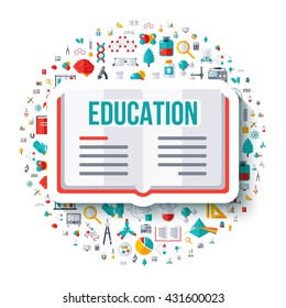 Open book symbol flat sticker. Vector concept illustration with icons of education, science and research. 