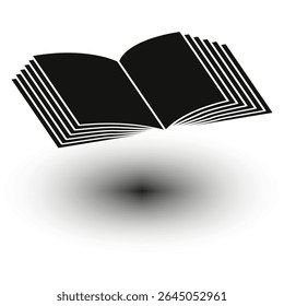 Open book symbol. Floating shadow shape. Reading vector icon. Abstract page design.