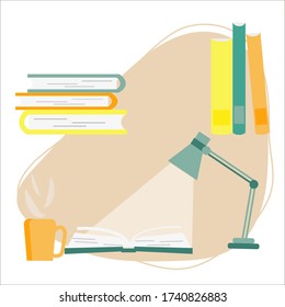An open book, table lamp and cup of hot drink. Fascinating, meditative, calm time.  Stack of books. Set of vector images in flat style. Fashionable light pastel colors.