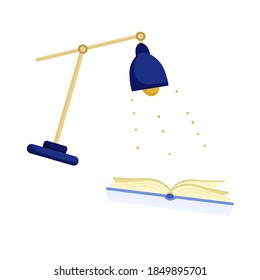 Open book and table lamp isolated on white background. Knowledge, education, studying concept. Vector flat illustration.