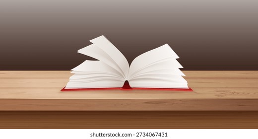 Open book table. Realistic red opened book on wooden desk in school library, university textbook book home education college study storybook storytelling time vector illustration