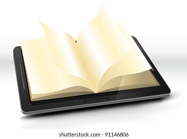 Open Book In Tablet PC/ Illustration of a tablet pc digital book with pages flipping effect. Imaginary model of e-book not made from a real existing product or copyrighted model.