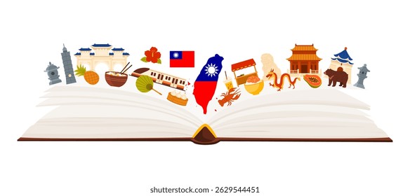 Open book with Taiwan map, flag, landmarks, food, and cultural icons on white background, perfect for education, travel, and cultural projects isolated vector illustration