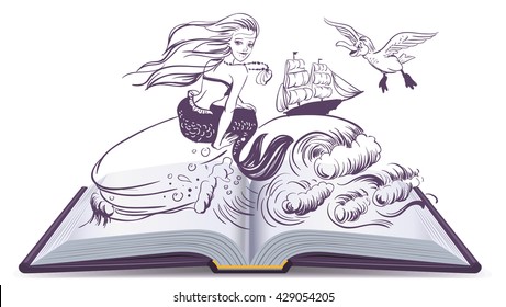 Open book Tale of Mermaid. Reading develops imagination. Illustration in vector format