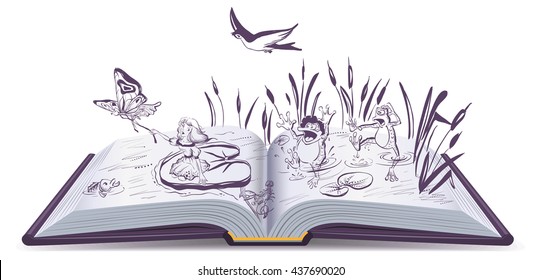 Open book tale Thumbelina. Vector cartoon illustration