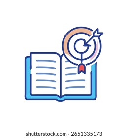 Abra el libro con una ilustración de destino y flecha. Representa conocimiento, metas y éxito educativo. Estilo gráfico plano sobre un fondo blanco.