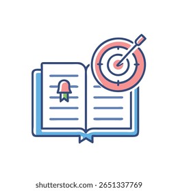 An open book and a target convey learning goals and academic success. Flat design, minimal and vector illustration.