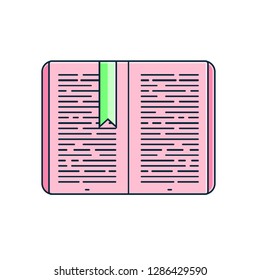 Open book with tassel or bookmark - flat color line icon on isolated background. Back to school vector illustration. Love to read symbol or sign in thin linear design.