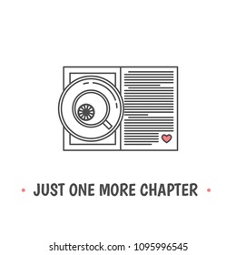 Open book and tea cup with heart symbols. Quote «Just one more chapter». I love reading concept. Line icon for libraries, stores, festivals, fairs and schools. Vector illustration.