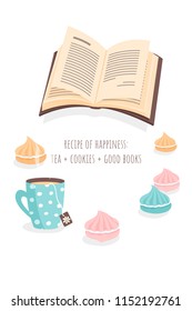 an open book, tea and sweets; greeting card or illustration with inscription "recipe of happiness" promoting reading, intellectual leisure; for book cafes, stores, clubs or offices