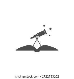 Libro abierto y telescopio con estrellas. Aislado en blanco. Ilustración vectorial. Magia, logo creativo de cuento de hadas. Astronomía, ciencia, búsqueda, símbolo de aspecto. buscar conocimiento u oportunidades.