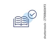 Open book with text and checkmark. Pixel perfect, editable stroke vector icon
