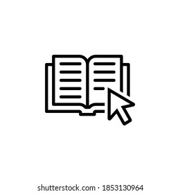 Open book with text and cursor vector icon for online education, e-learning resources, distant online courses, universities and schools. Line art.