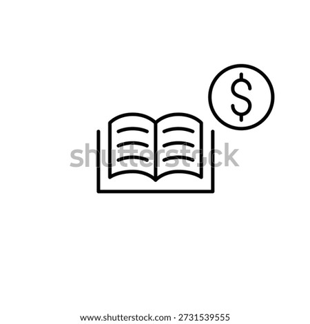 Open book with text and dollar. Book purchase cost, reading material payment, digital book expense. Pixel perfect, editable stroke vector icon