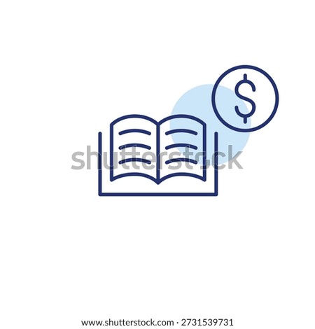 Open book with text and dollar. Book purchase cost, reading material payment, digital book expense. Pixel perfect, editable stroke vector icon