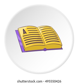 Open book with text icon in cartoon style isolated on white circle background. Reading symbol vector illustration