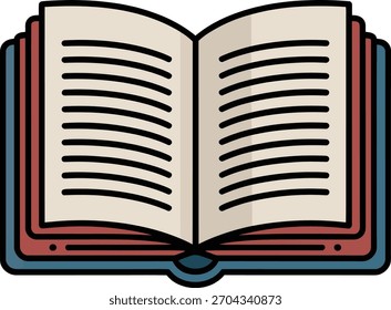 Libro abierto con ilustración de líneas de texto, conocimiento e icono de estudio