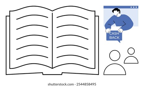 Open book with text lines, a person holding a cashback sign, and two user icons. Ideal for education, finance, customer rewards, technology, user profiles. Simple, modern, minimalist style