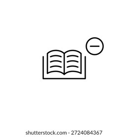 Abrir libro con texto, menos símbolo. Biblioteca no disponible, archivo eliminado. Icono de Vector de trazo perfecto y editable