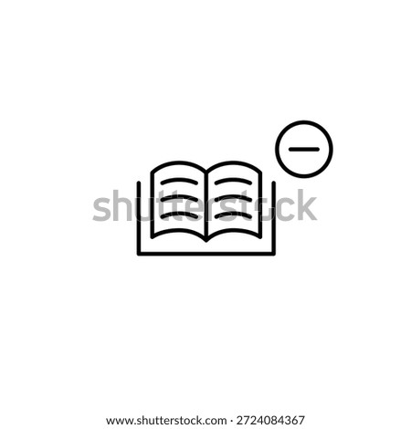 Open book with text, minus symbol. Library unavailable, file deleted. Pixel perfect, editable stroke vector icon