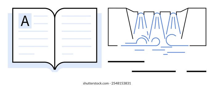 An open book with text on the left and a dam with flowing water on the right. Ideal for education, literature, hydraulic engineering, environmental studies, and civil engineering. Minimalist style