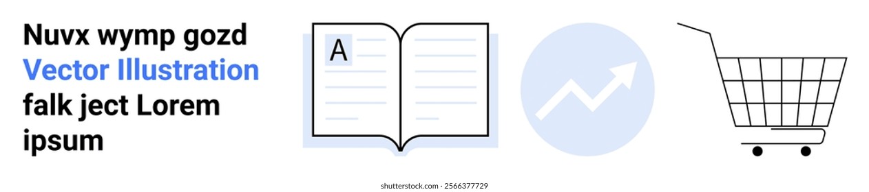 Open book with text on left a circular blue chart with an upward arrow in the middle and a shopping cart on right. Ideal for education e-commerce business analytics online store. Landing page