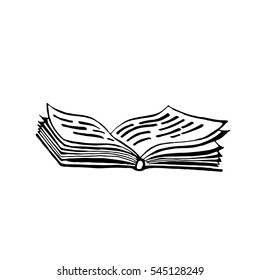 An open book with text . Vector illustration in style of pencil drawing in black and white.