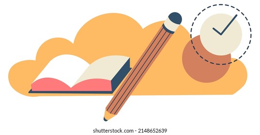 Open book or textbook, diary for writing and studying. Pencil and clock showing end of deadline. Student learning supplies for school or office. Copywriting or journalism, vector in flat style