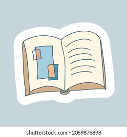 Open book or textbook with illustration and text on pages, top view. Education and reading are fun. Winter Hygge. Hand drawn vector cartoon illustration.