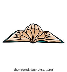 Libro abierto. Libro de texto. Un libro viejo para leer. Tutorial. Estilo de caricatura. Para el diseño y la decoración.