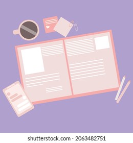 An open book or textbook, a planner, colored pens, a coffee mug, stickers and a smartphone. Things necessary for study or work. Workplace