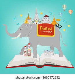 Open book. Thai elephant and landmarks. Vector illustration