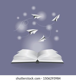 Open the book, there is a paper airplane that flies out of the book with circular light floating out, paper cut, gray background - vector