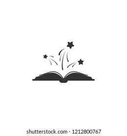 Open book with thick book cover and black soft stars flying out.  Isolated on white background. Flat icon. Vector illustration. Magic reading logo. Fairytale pictogram. Power of knowledge sign.