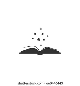 Open book with thick book cover and black soft stars flying out.  Isolated on white background. Flat icon. Vector illustration. Magic reading logo. Fairytale pictogram. Power of knowledge sign.