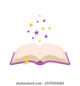 Open book with thick purple book cover and soft stars flying out. Magic reading logo. Fairytale. Vector Illustration