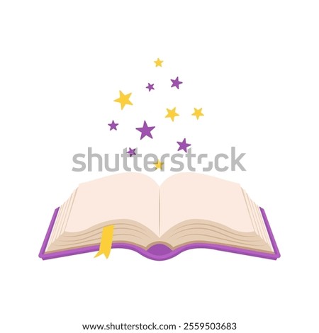 Open book with thick purple book cover and soft stars flying out. Magic reading logo. Fairytale. Vector Illustration
