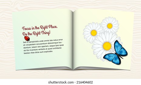 Open book with three flowers, blue butterfly and Ladybug on the wood table