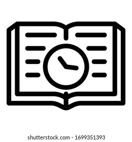 Open book and time icon. Outline open book and time vector icon for web design isolated on white background