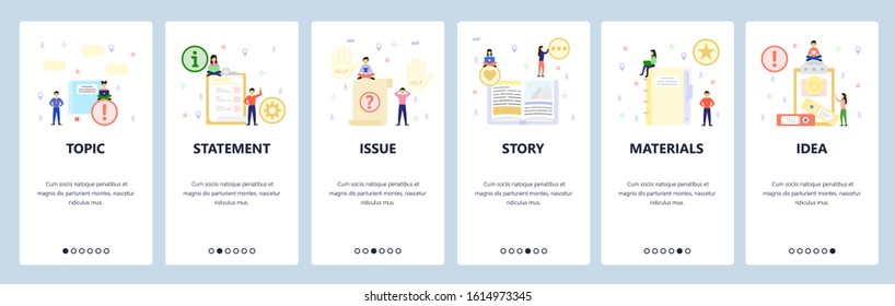 Open book, todo list, office materials. Mobile app onboarding screens. Menu vector banner template for website and mobile development. Web site design flat illustration.