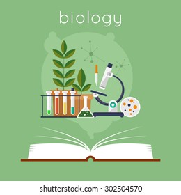 Open book with tools for biology. Education. Back to school. Flat design vector illustration.