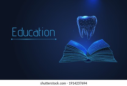 open book and tooth. learn a new profession. Dental education. future profession the concept of  learning new, development. isolated on dark blue background. wireframe, vector illustration. points.