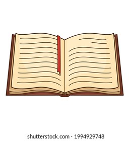 Open book, top view. Reading, learning. Cozy home. Design element with outline. Doodle, hand-drawn. Flat design. Color vector illustration. Isolated on a white background
