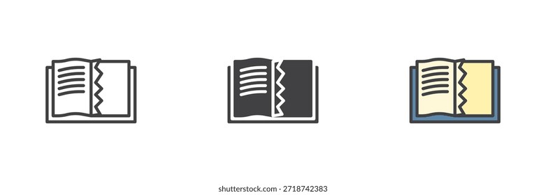 Abrir livro com rasgado ícone de educação página definido em linha, sólido e preenchido esboço colorido estilo. Leitura de símbolo e sinal de vetor de material. Ícone de educação para estudo, literatura e progresso da aprendizagem.